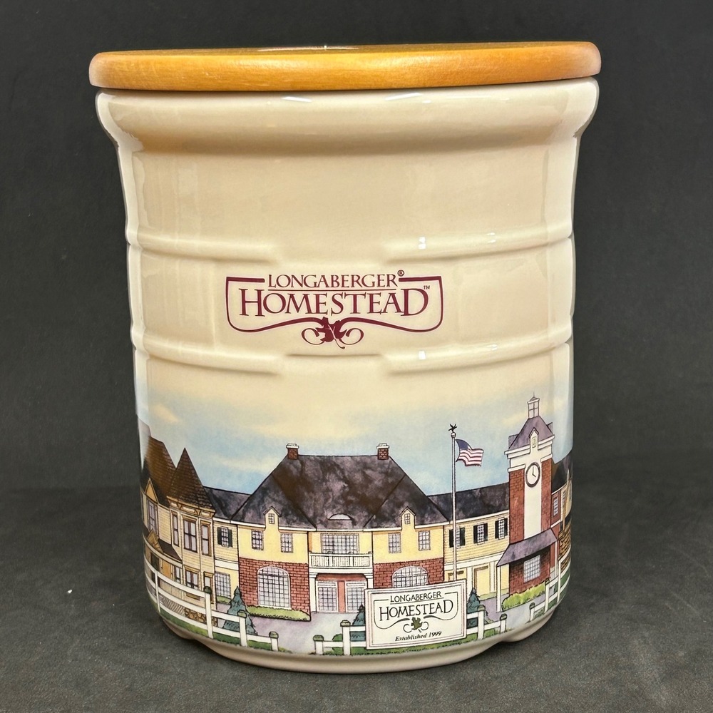 Longaberger Homestead Pottery Canister with Wood Lid Ivory Basketweave USA